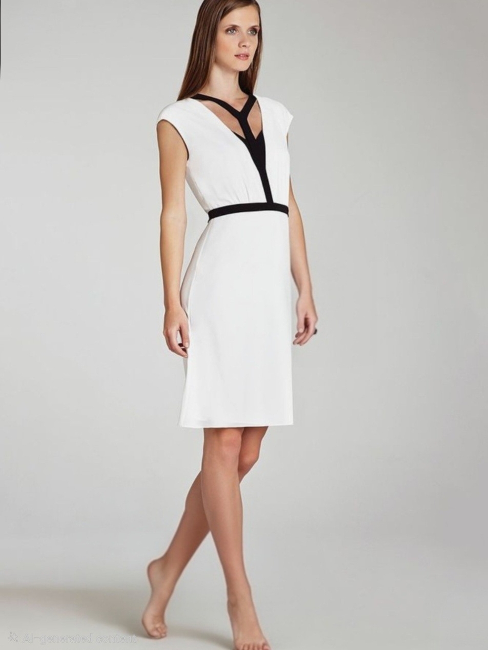 BCBGMaxAzria White Dress with Black Trim and V-Strap Detail Sz 0